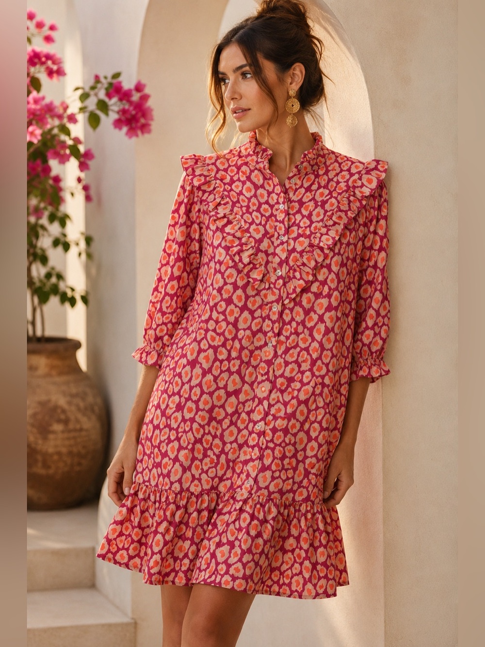 Michelle McDowell XL Pink Orange Leopard Print Ruffle Tiered Shirt Dress